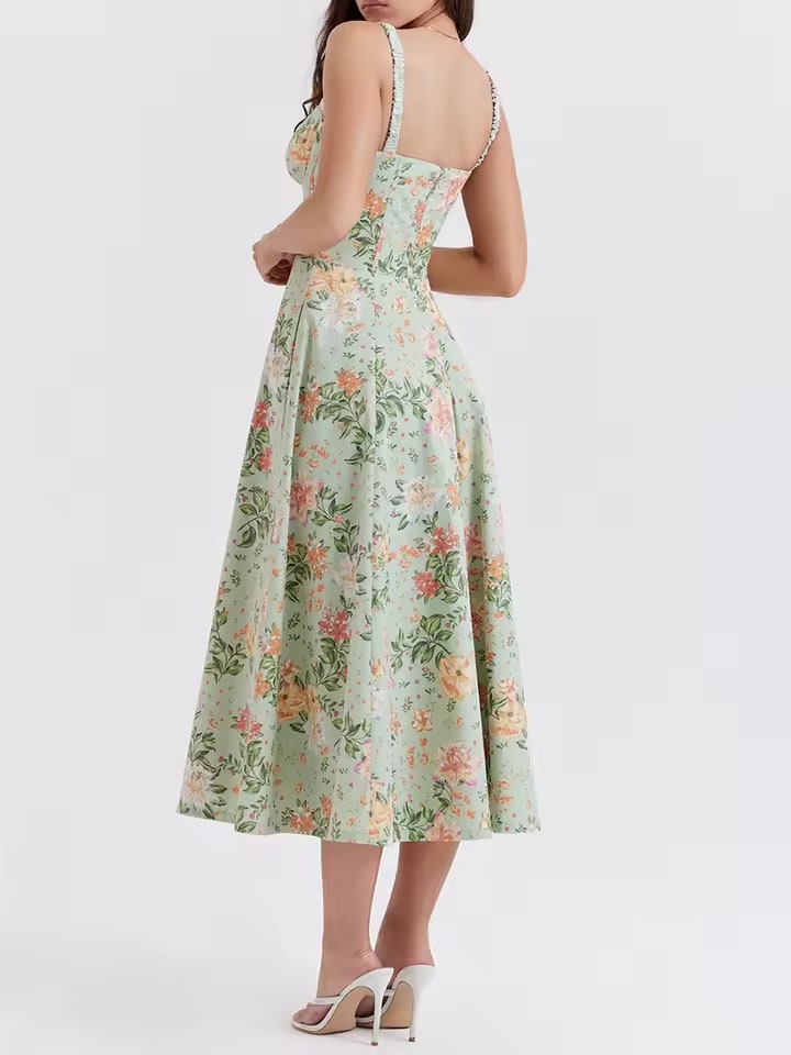 Women Summer Casual Midi Dress Floral Print Low-Cut Sleeveless Sling Sweet Dress Fashion Backless Temperament Dress