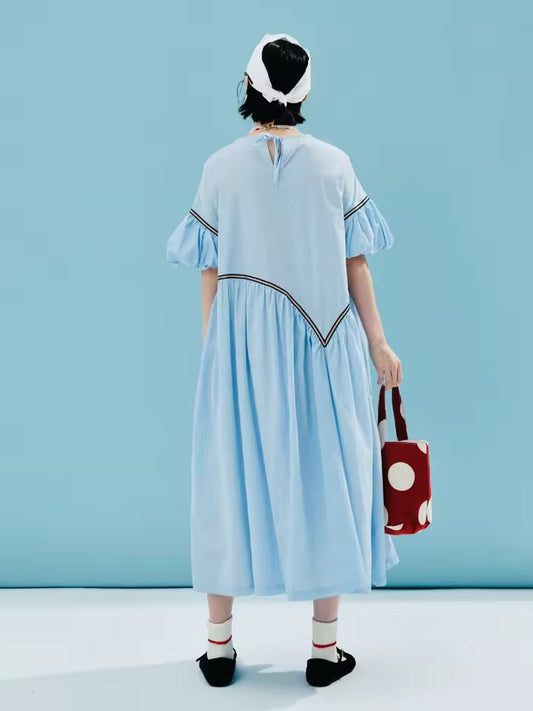 imakokoni 2024 summer original design tencel cotton blue small grid puff sleeve dress 244613