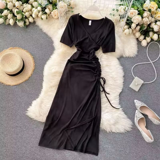 SINGREINY Drawstring Ruched Women Dress Summer Slim Short Sleeve V Neck Sexy Split Party Dress Korean Streetwear Midi Dress