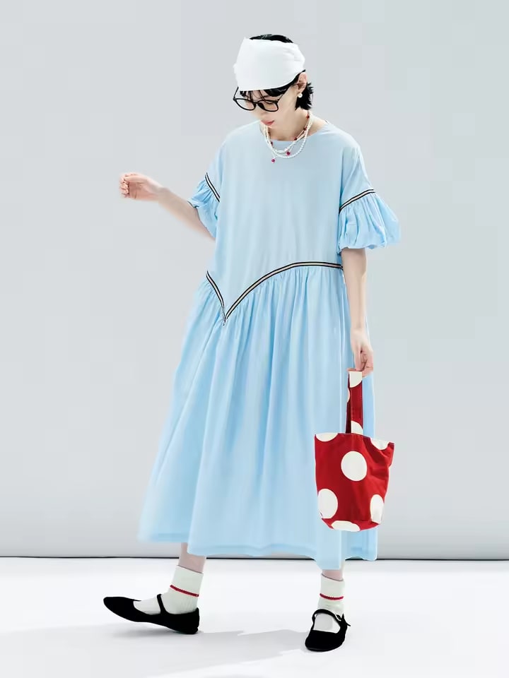imakokoni 2024 summer original design tencel cotton blue small grid puff sleeve dress 244613